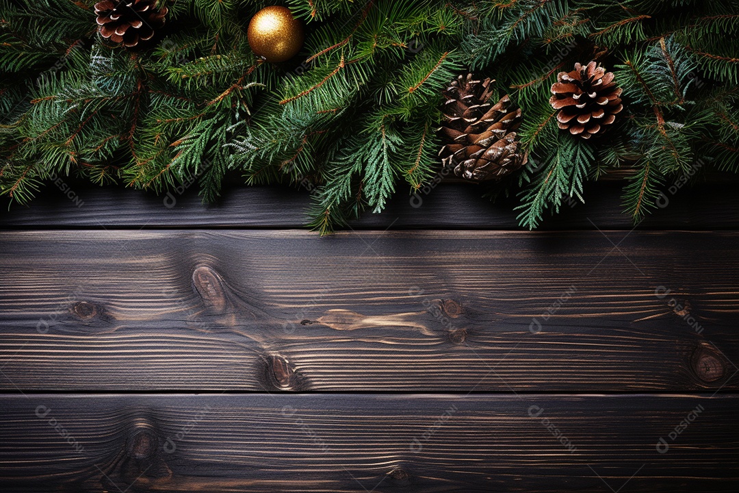 Fundo de Natal com borda de galhos de pinheiro e decorações na mesa de madeira escura