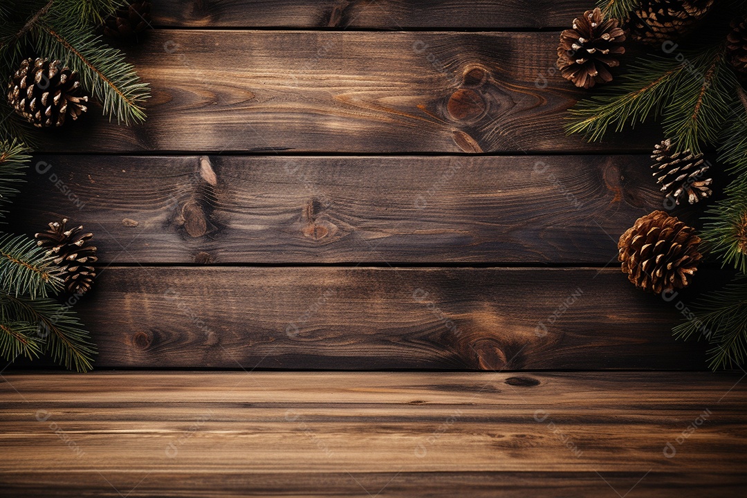 Fundo de Natal com borda de galhos de pinheiro e decorações na mesa de madeira escura