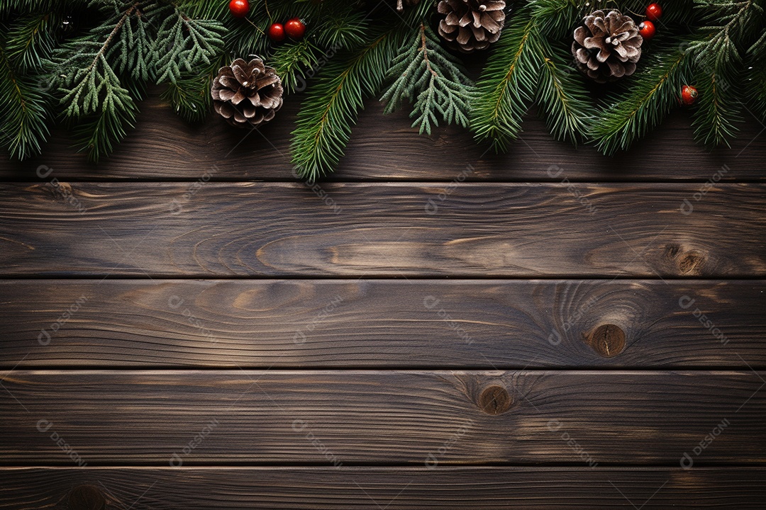 Fundo de Natal com borda de galhos de pinheiro e decorações na mesa de madeira escura