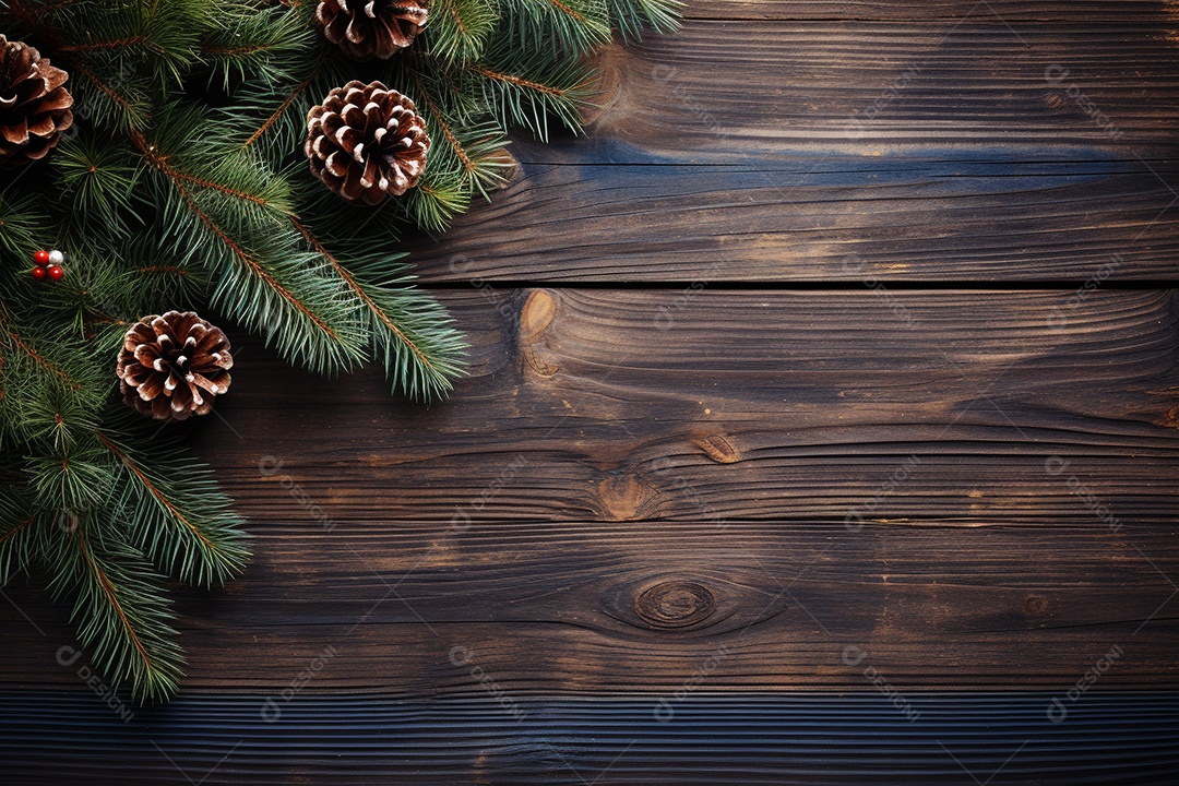 Fundo de Natal com borda de galhos de pinheiro e decorações na mesa de madeira escura