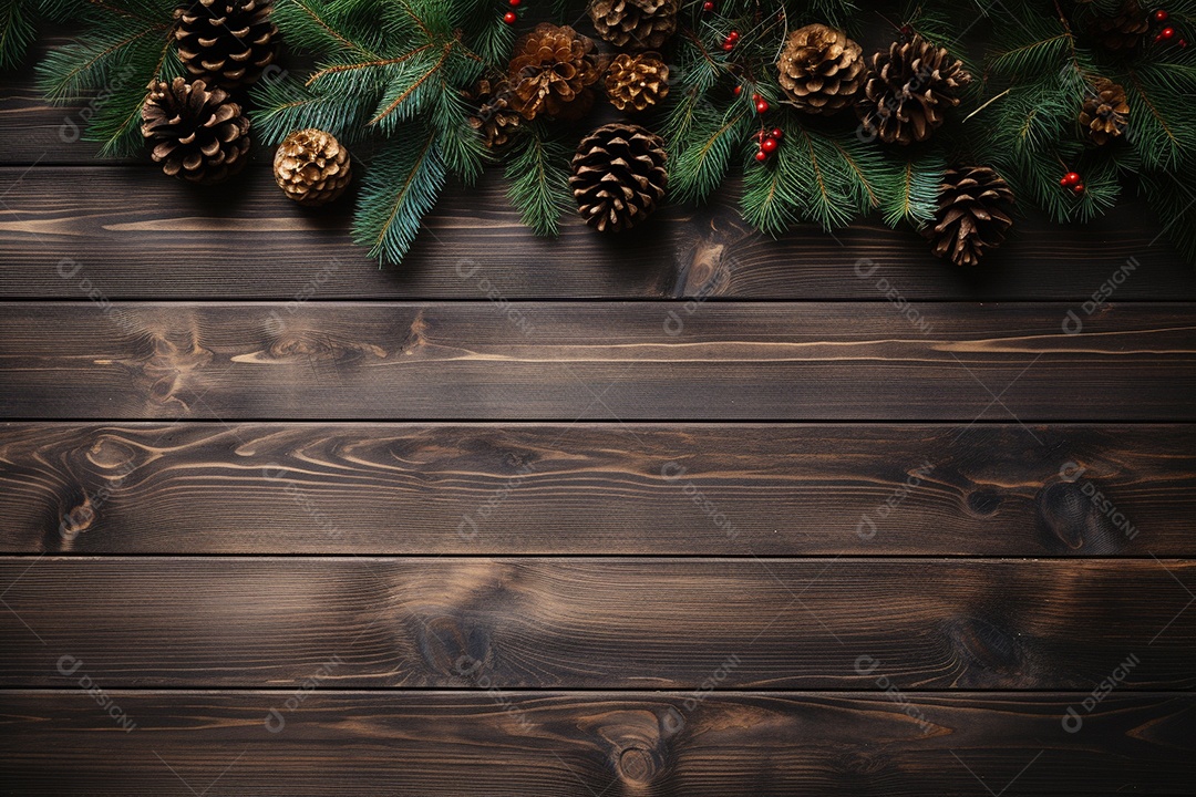 Fundo de Natal com borda de galhos de pinheiro e decorações na mesa de madeira escura