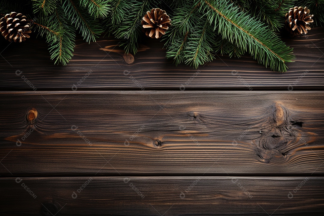 Fundo de Natal com borda de galhos de pinheiro e decorações na mesa de madeira escura