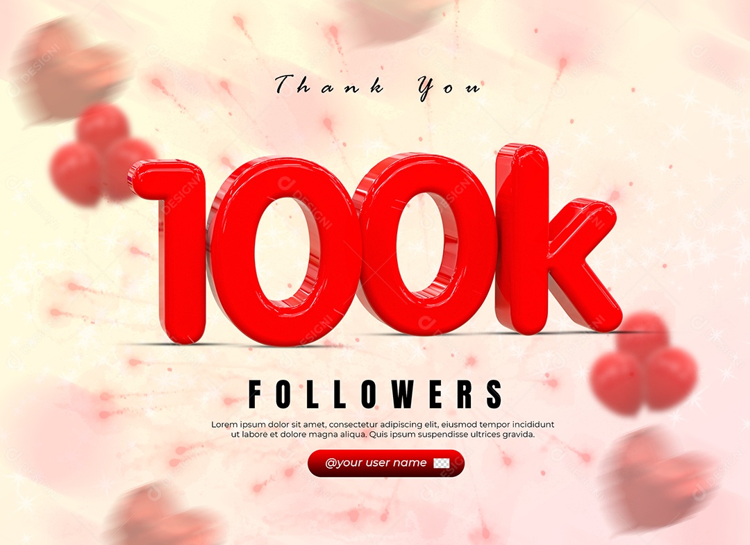 Elemento 3D 100K de Seguidores Vermelho para Composição PSD