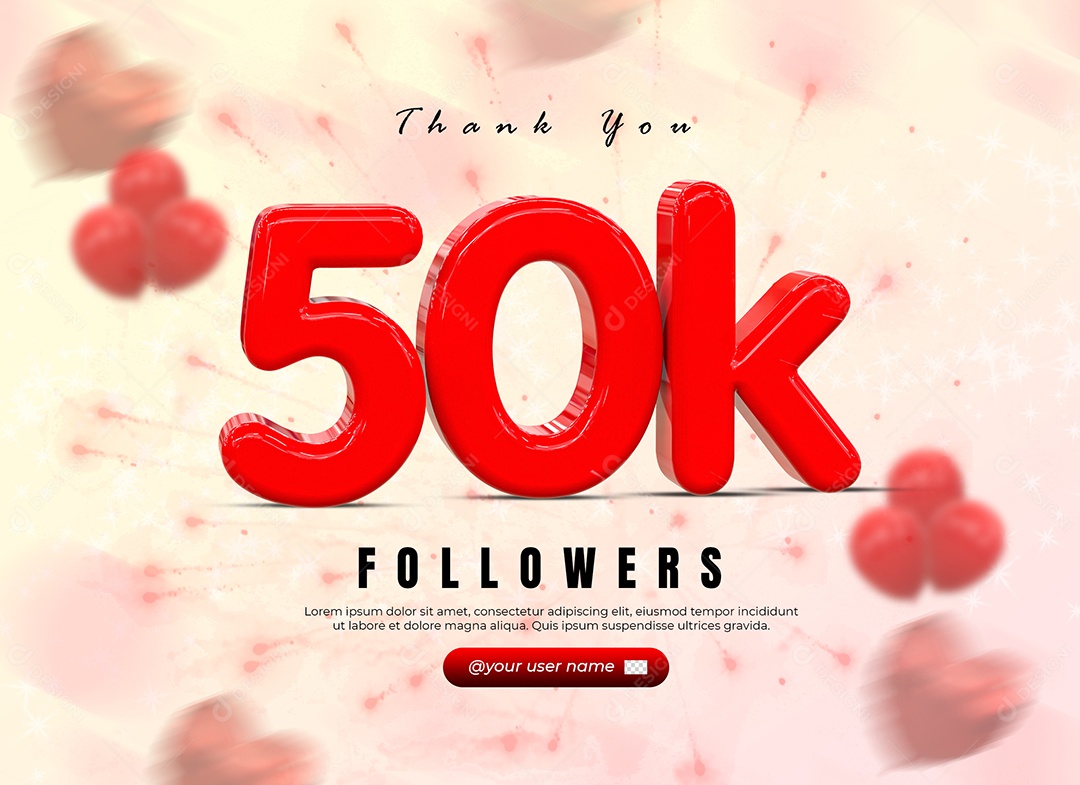 50K de Seguidores Elemento 3D Vermelho para Composição PSD