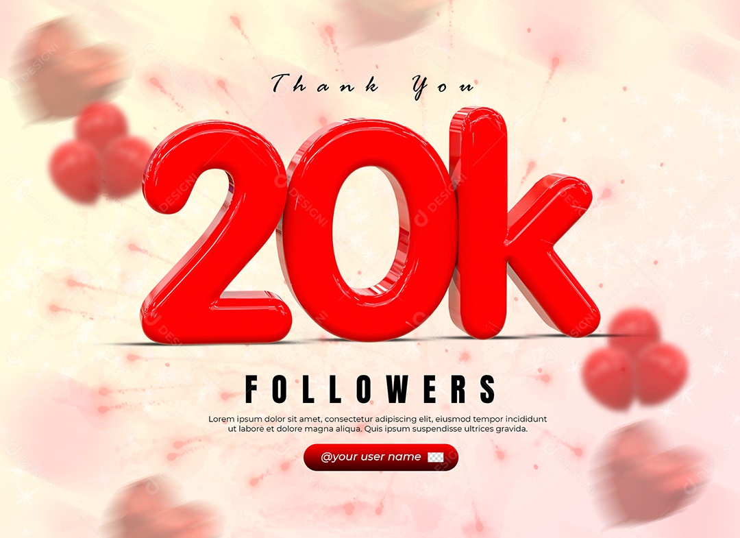 Elemento 3D 20K de Seguidores Vermelho para Composição PSD