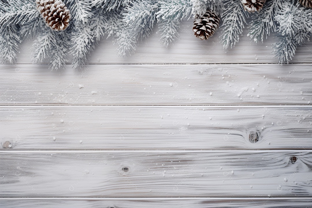 Fundo de Natal com borda de galhos de pinheiro e decorações na mesa de madeira escura