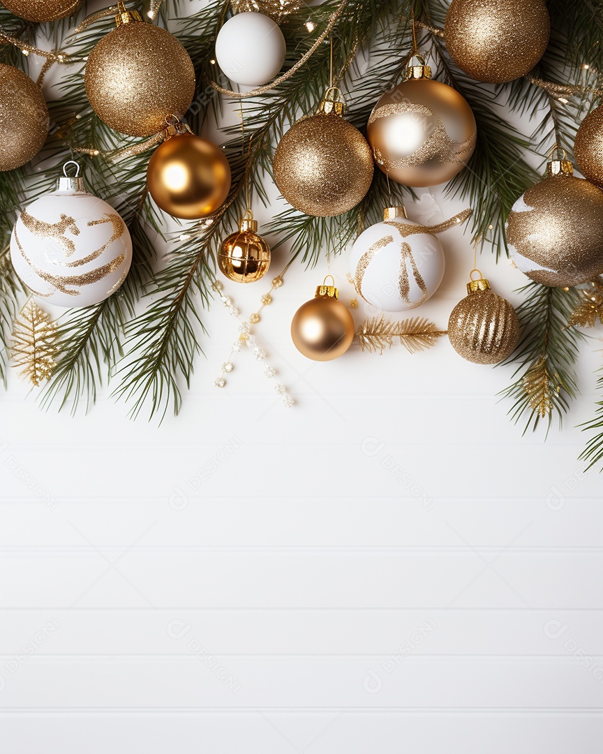 Fundo de Natal com borda de galhos de pinheiro e decorações na mesa de madeira escura