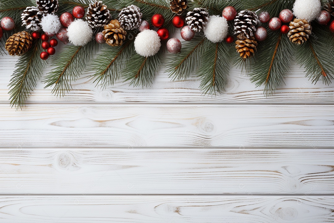 Fundo de Natal com borda de galhos de pinheiro e decorações na mesa de madeira escura