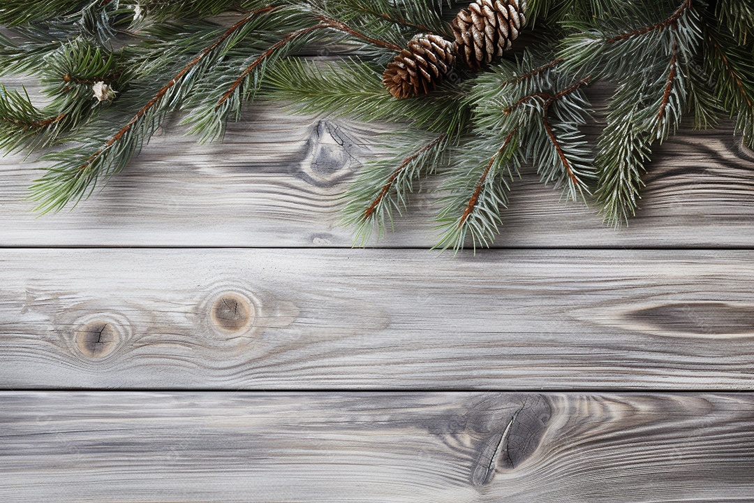 Fundo de Natal com borda de galhos de pinheiro e decorações na mesa de madeira escura