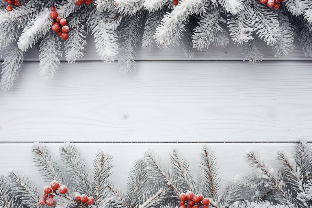 Fundo de Natal com borda de galhos de pinheiro e decorações na mesa de madeira escura