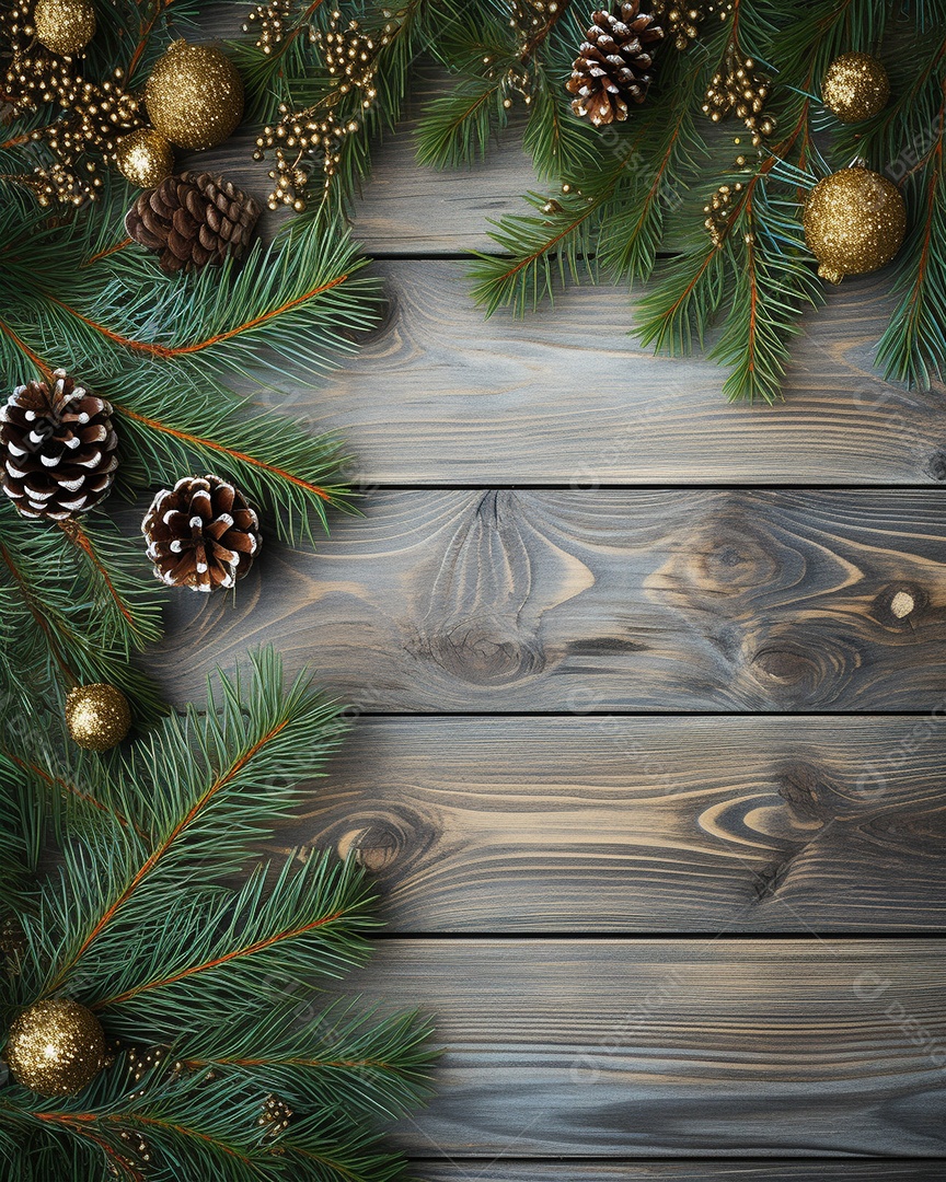 Fundo de Natal com borda de galhos de pinheiro e decorações em mesa de madeira branca