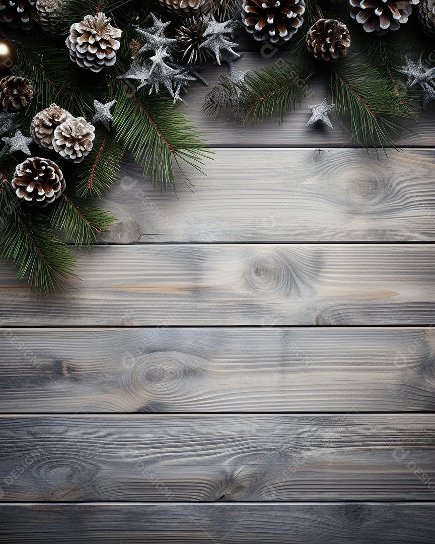 Fundo de Natal com borda de galhos de pinheiro e decorações em mesa de madeira branca