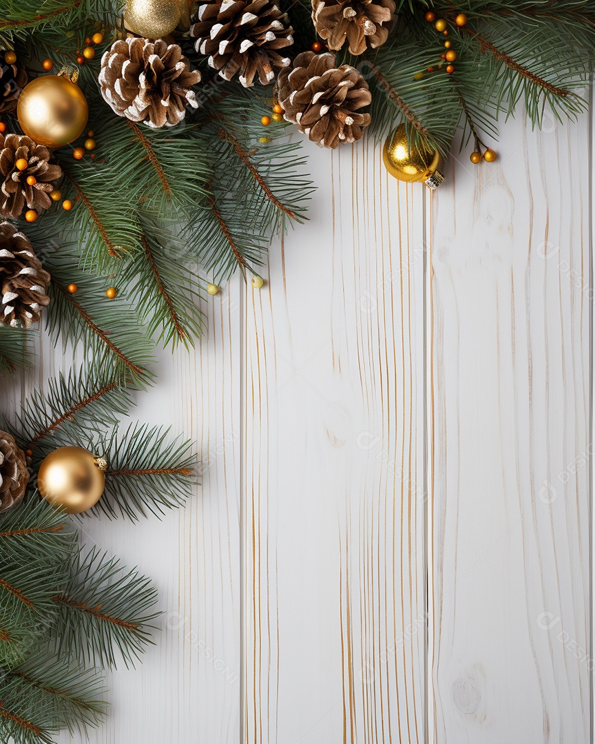 Fundo de Natal com borda de galhos de pinheiro e decorações em mesa de madeira branca