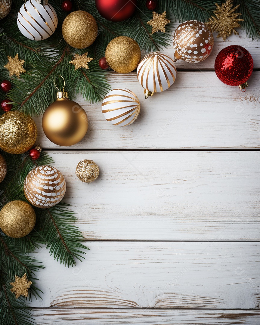 Fundo de Natal com borda de galhos de pinheiro e decorações em mesa de madeira branca