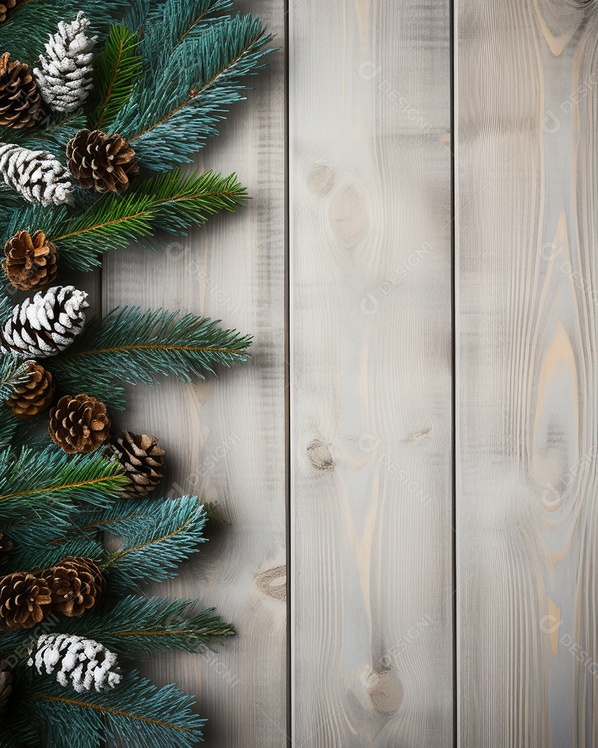Fundo de Natal com borda de galhos de pinheiro e decorações em mesa de madeira branca