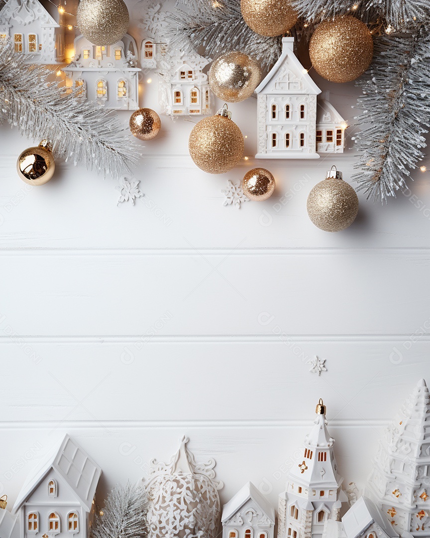 Fundo de Natal com borda de galhos de pinheiro e decorações em mesa de madeira branca