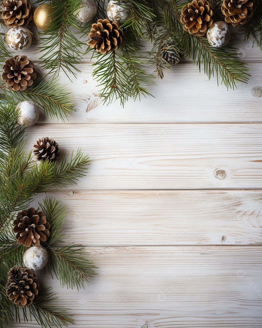 Fundo de Natal com borda de galhos de pinheiro e decorações em mesa de madeira branca