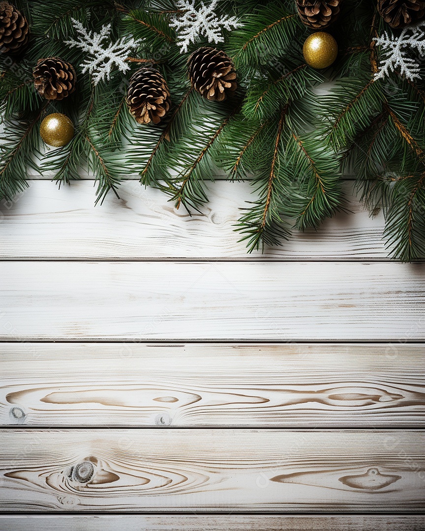 Fundo de Natal com borda de galhos de pinheiro e decorações em mesa de madeira branca