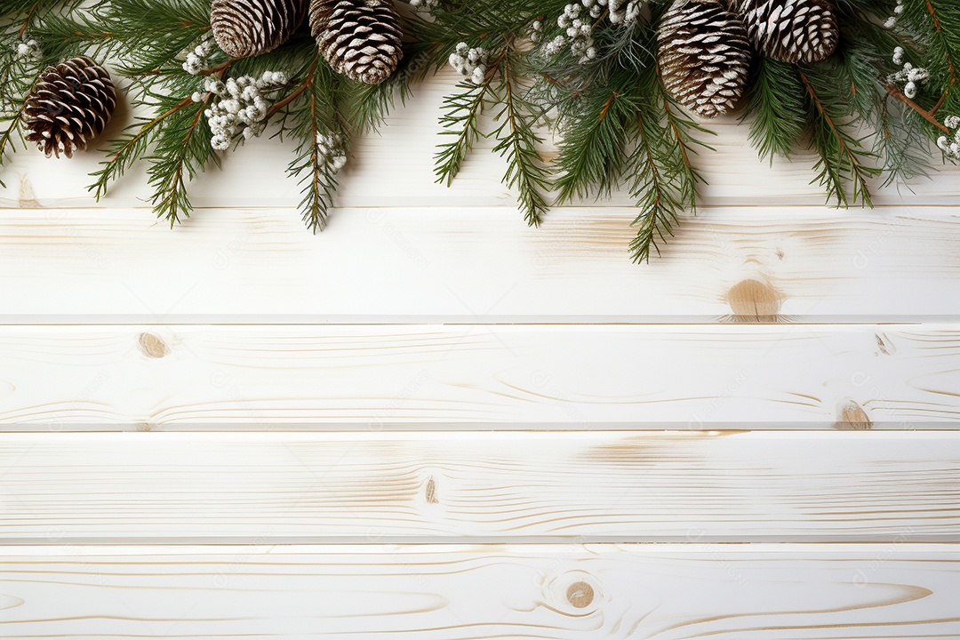 Fundo de Natal com borda de galhos de pinheiro e decorações em mesa de madeira branca