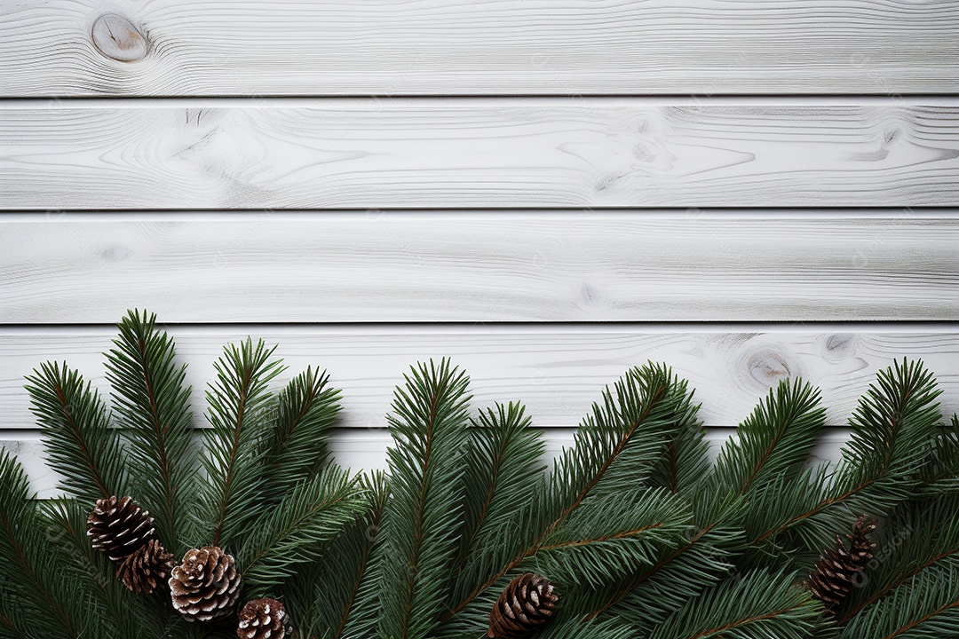 Fundo de Natal com borda de galhos de pinheiro e decorações em mesa de madeira branca