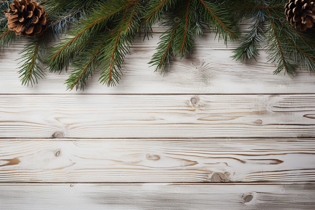 Fundo de Natal com borda de galhos de pinheiro e decorações em mesa de madeira branca