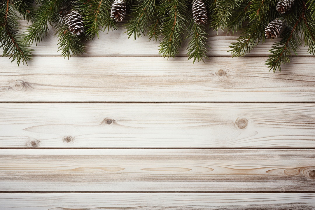 Fundo de Natal com borda de galhos de pinheiro e decorações em mesa de madeira branca