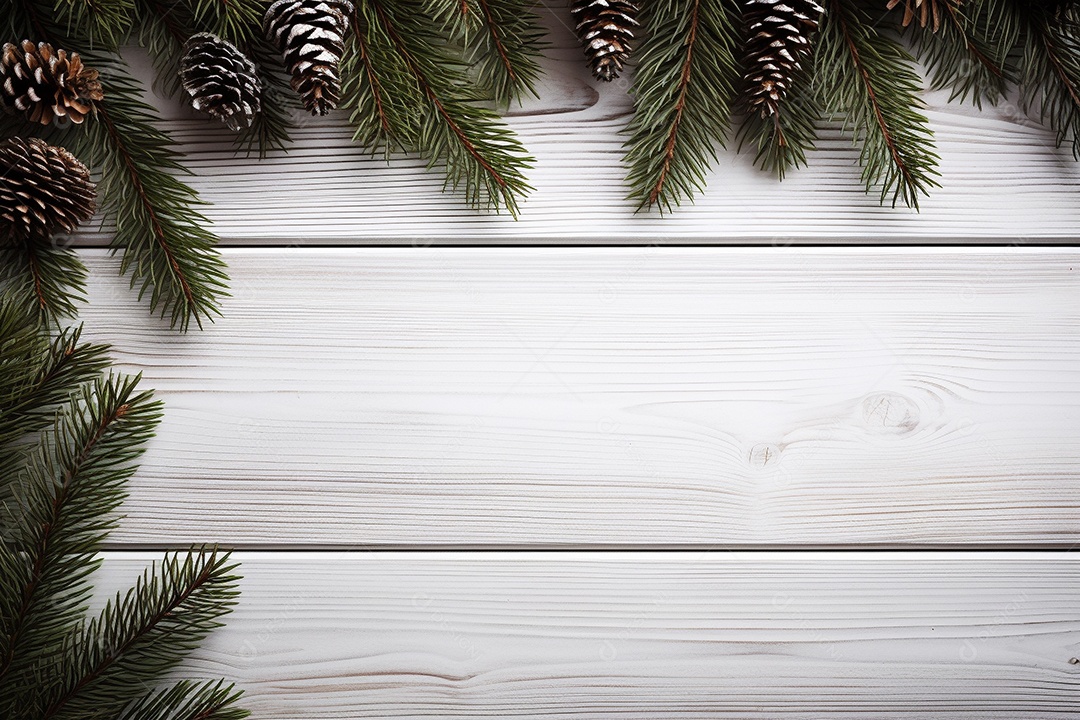 Fundo de Natal com borda de galhos de pinheiro e decorações em mesa de madeira branca