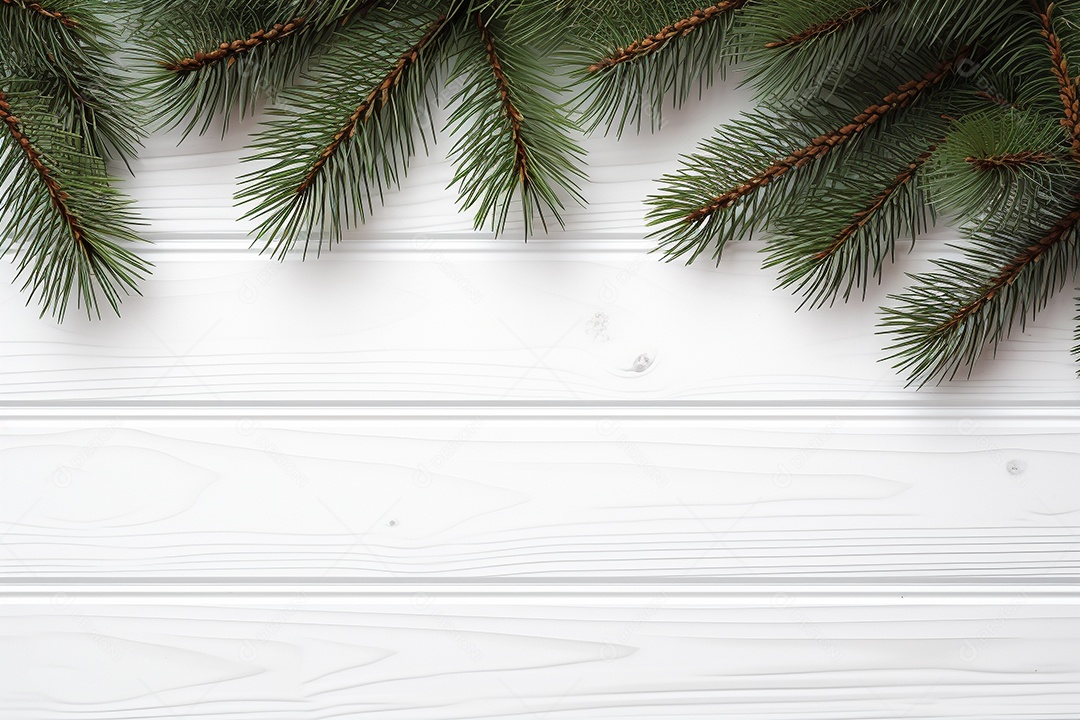 Fundo de Natal com borda de galhos de pinheiro e decorações em mesa de madeira branca
