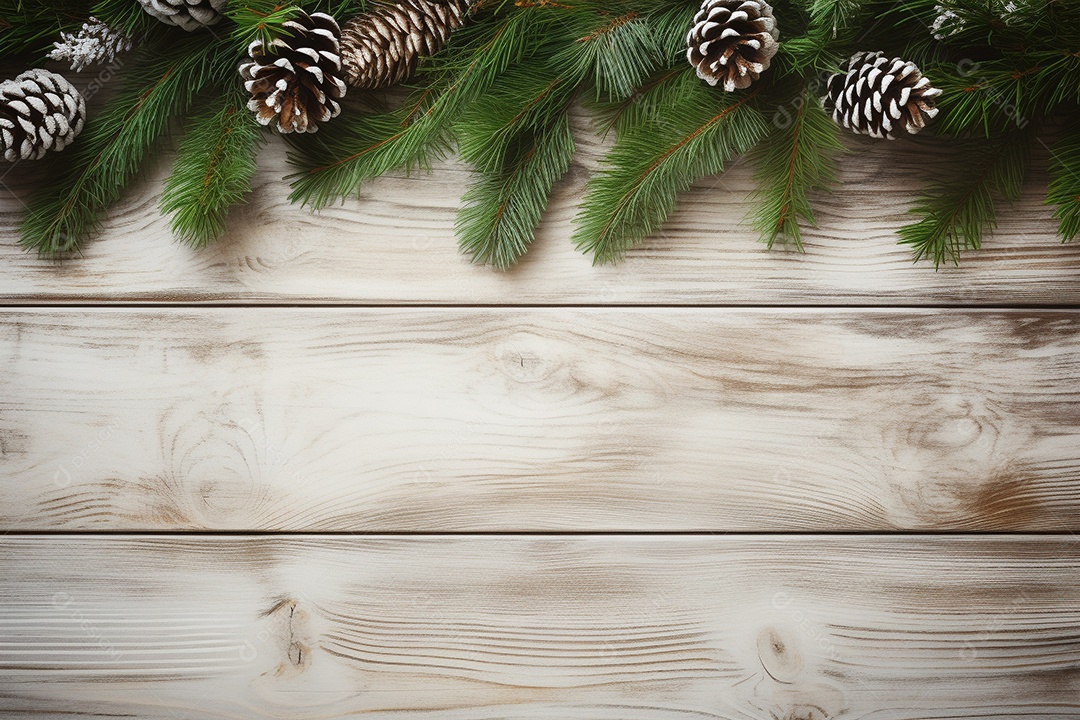 Fundo de Natal com borda de galhos de pinheiro e decorações em mesa de madeira branca
