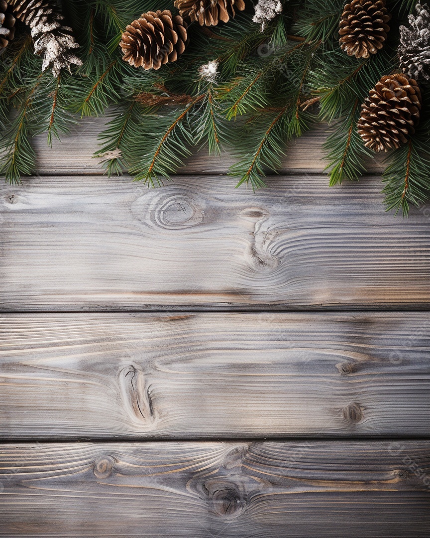 Fundo de Natal com borda de galhos de pinheiro e decorações em mesa de madeira branca