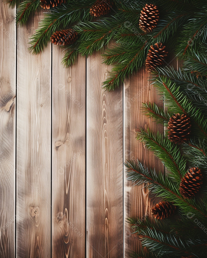 Fundo de Natal com borda de galhos de pinheiro e decorações em mesa de madeira branca