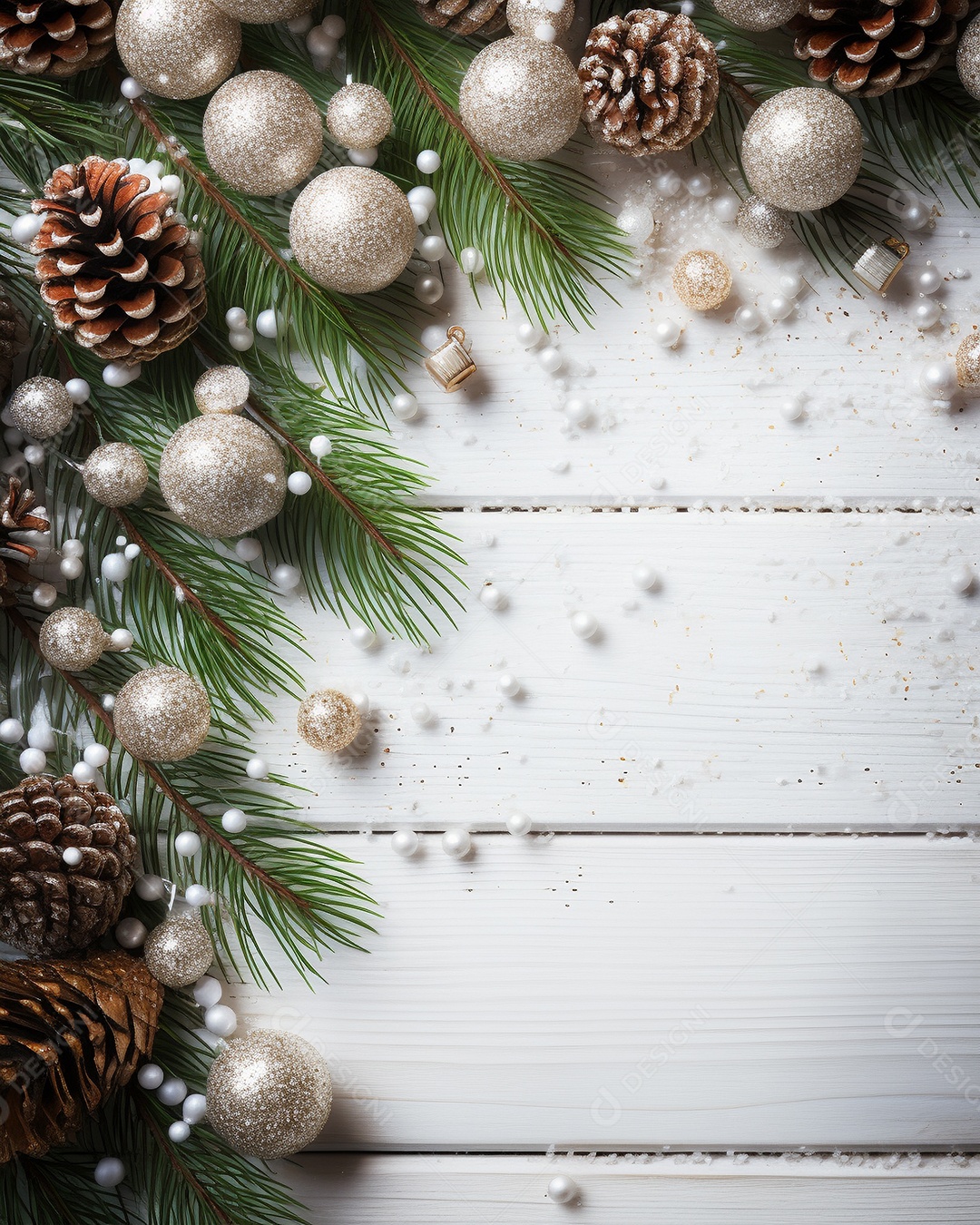 Fundo de Natal com borda de galhos de pinheiro e decorações em mesa de madeira branca