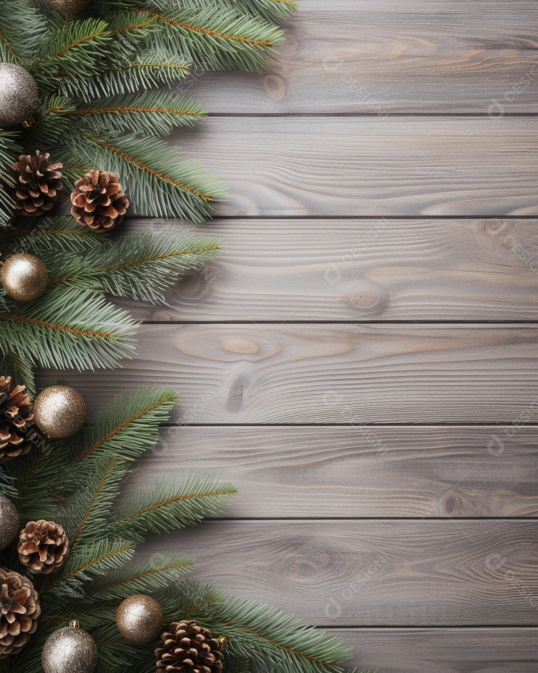 Fundo de Natal com borda de galhos de pinheiro e decorações em mesa de madeira branca