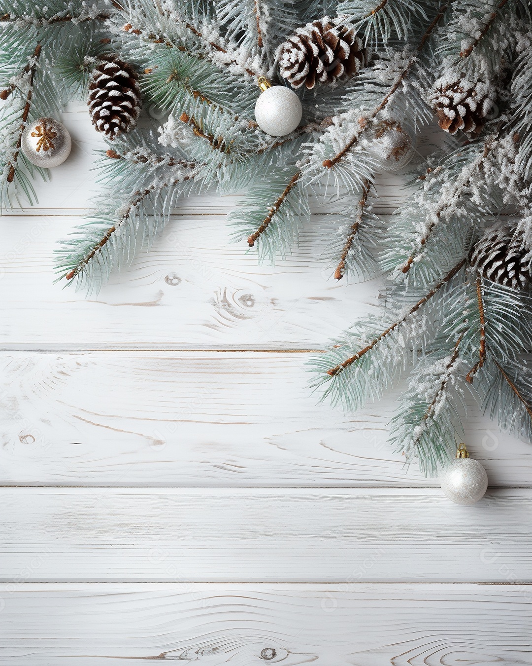 Fundo de Natal com borda de galhos de pinheiro e decorações em mesa de madeira branca