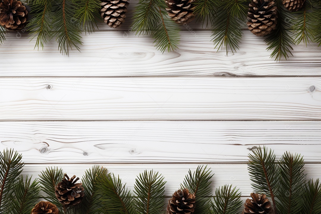 Fundo de Natal com borda de galhos de pinheiro e decorações em mesa de madeira branca