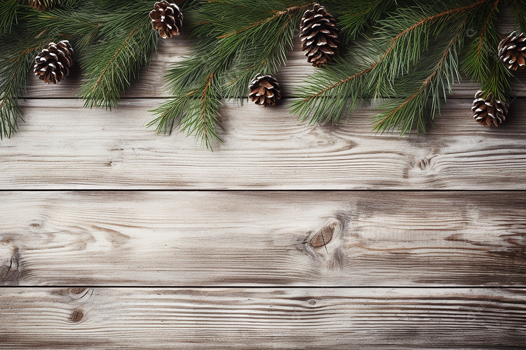 Fundo de Natal com borda de galhos de pinheiro e decorações em mesa de madeira branca