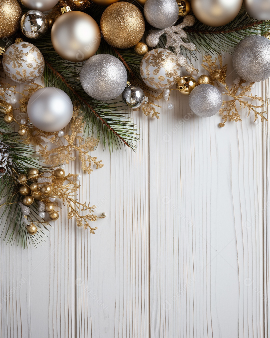 Fundo de Natal com borda de galhos de pinheiro e decorações em mesa de madeira brancawhite wooden table_037