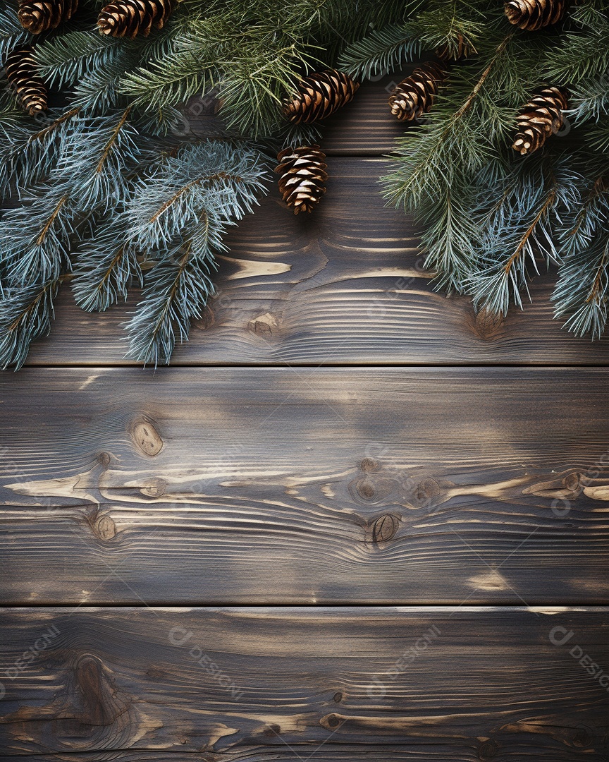 Fundo de Natal com borda de galhos de pinheiro e decorações na mesa de madeira escura