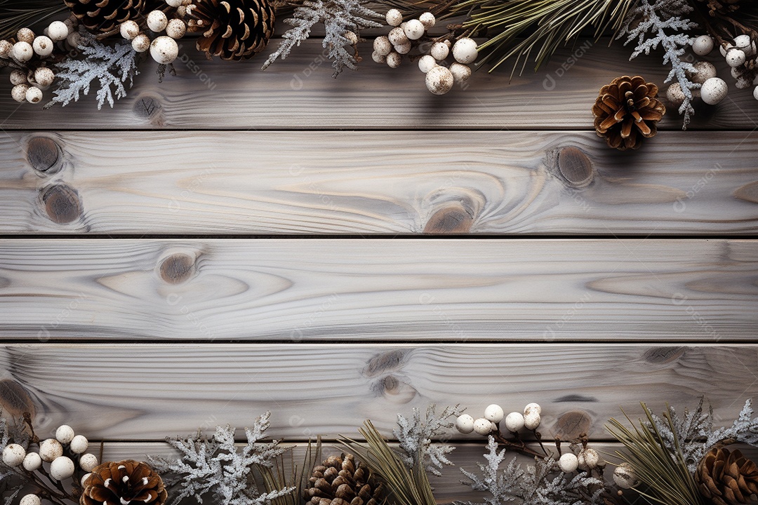 Fundo de Natal com borda de galhos de pinheiro e decorações em mesa de madeira branca