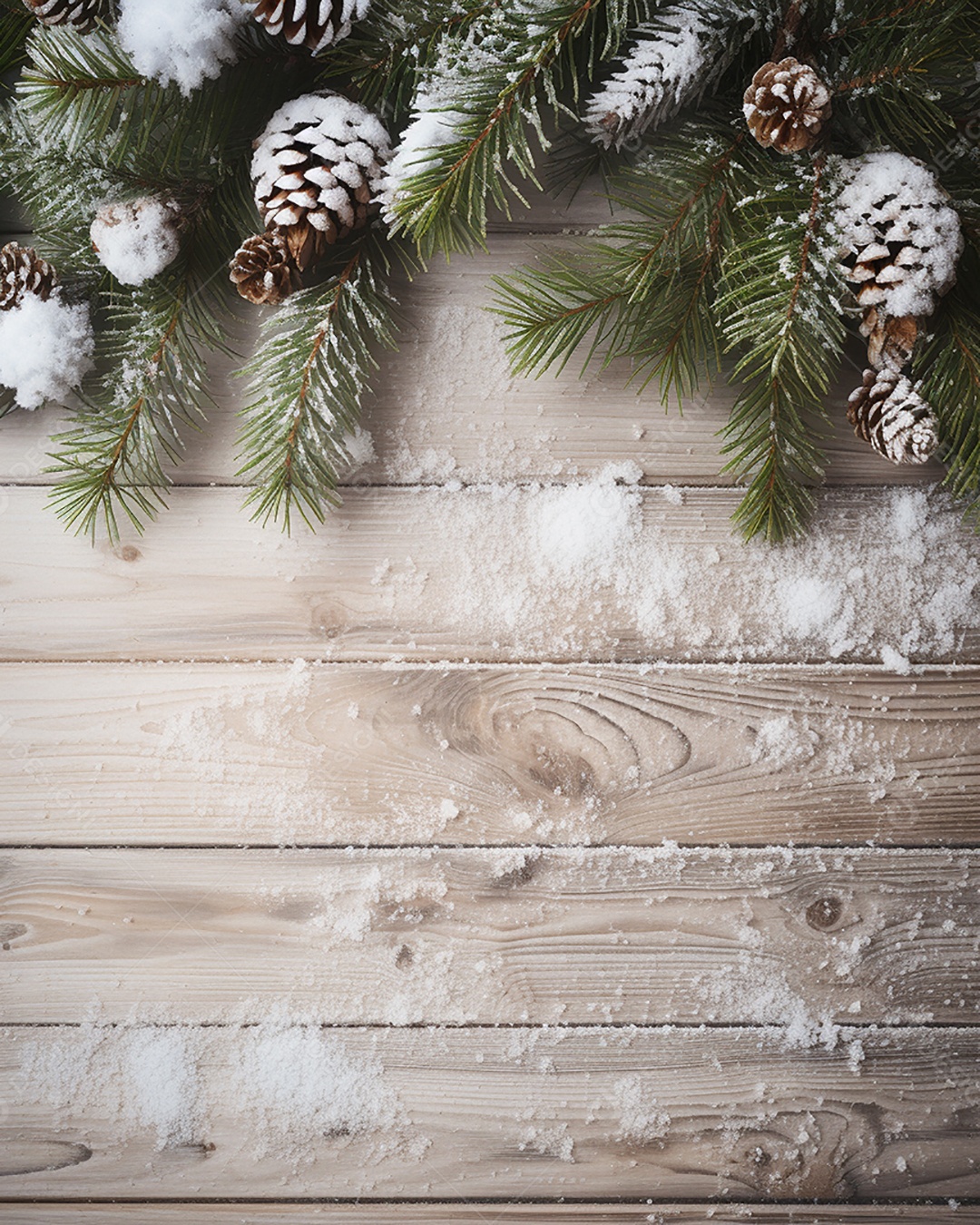 Fundo de Natal com borda de galhos de pinheiro e decorações em mesa de madeira branca