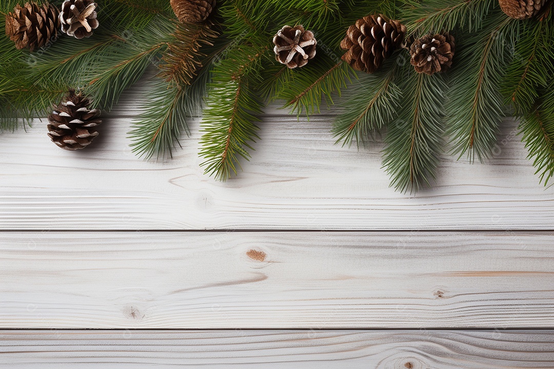 Fundo de Natal com borda de galhos de pinheiro e decorações em mesa de madeira branca