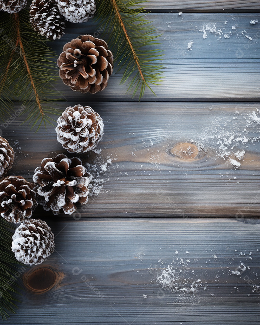 Fundo de Natal com borda de galhos de pinheiro e decorações em mesa de madeira branca