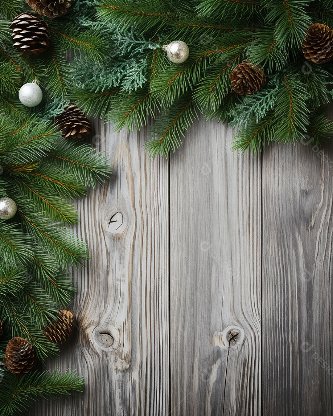 Fundo de Natal com borda de galhos de pinheiro e decorações em mesa de madeira branca