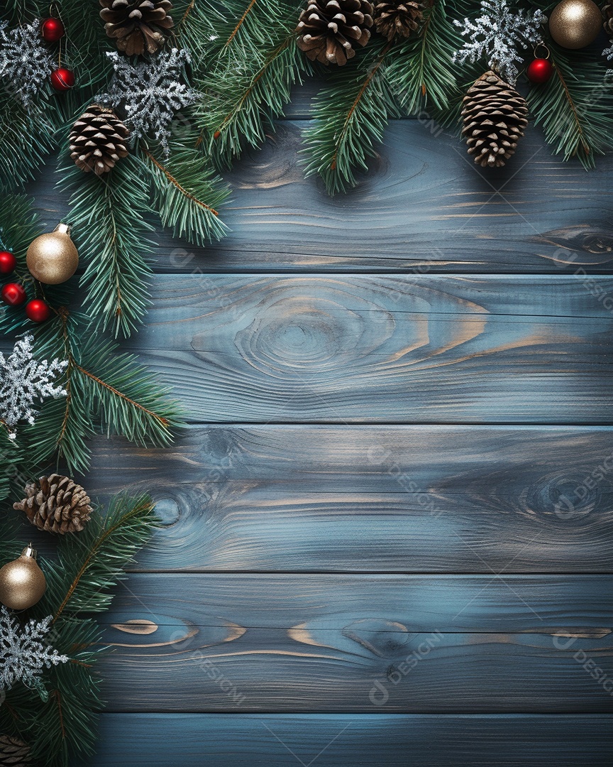 Fundo de Natal com borda de galhos de pinheiro e decorações em mesa de madeira branca