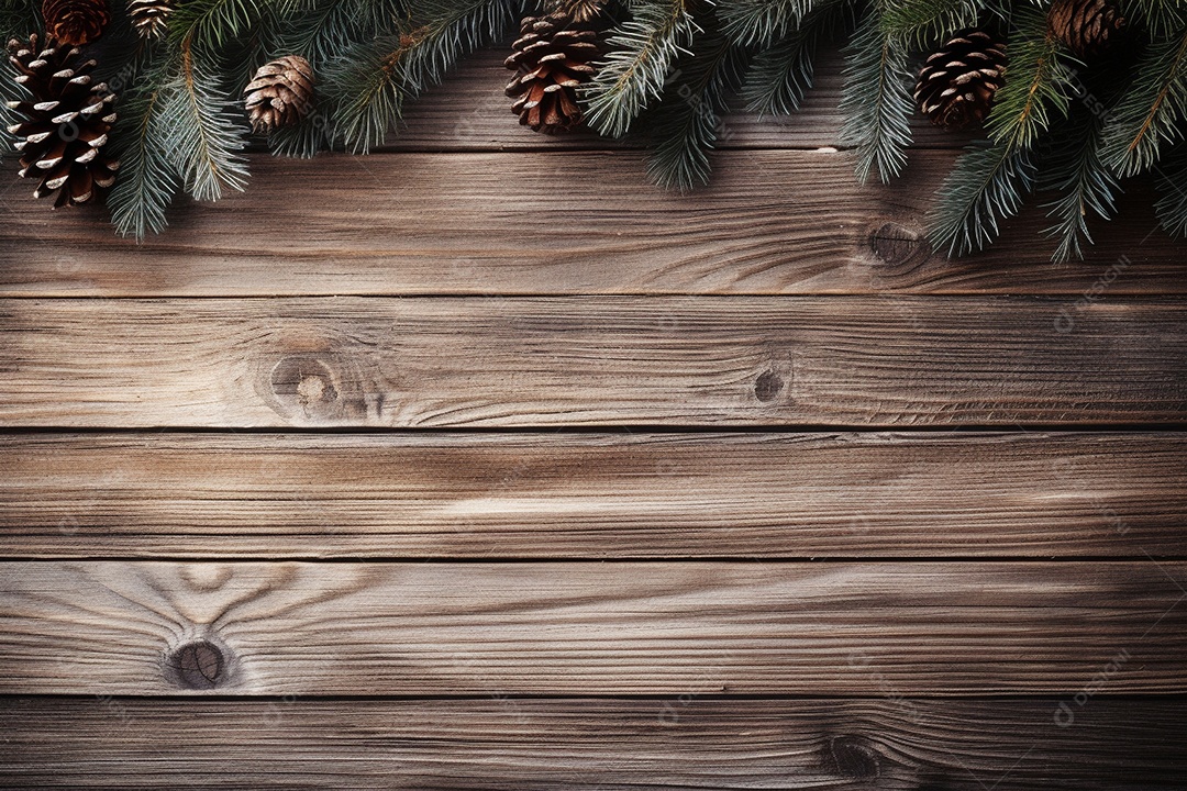 Fundo de Natal com borda de galhos de pinheiro e decorações em mesa de madeira branca