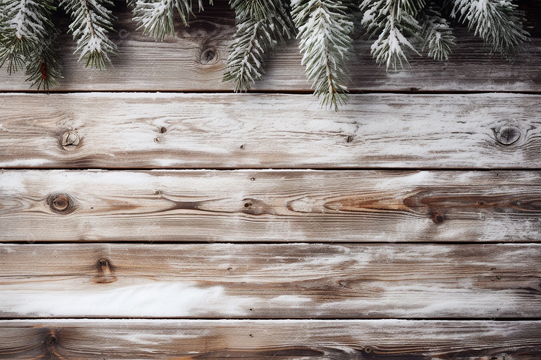 Fundo de Natal com borda de galhos de pinheiro e decorações em mesa de madeira branca
