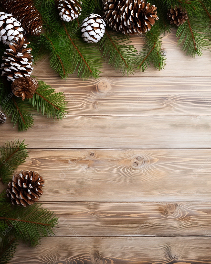 Fundo de Natal com borda de galhos de pinheiro e decorações em mesa de madeira branca