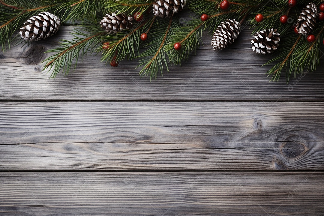 Fundo de Natal com borda de galhos de pinheiro e decorações em mesa de madeira branca