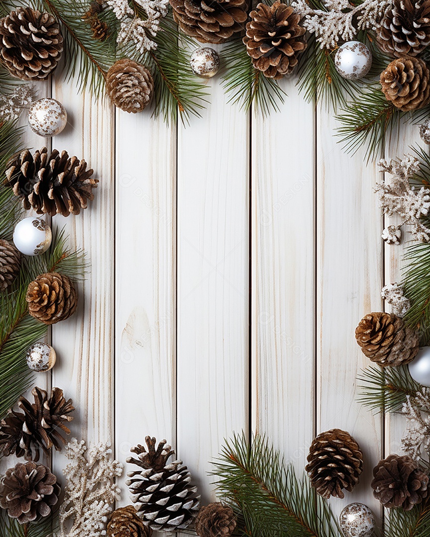Fundo de Natal com borda de galhos de pinheiro e decorações na mesa de madeira escura