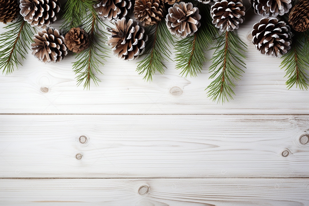 Fundo de Natal com borda de galhos de pinheiro e decorações na mesa de madeira escura